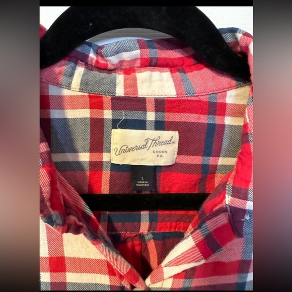 Universal Threads Distressed Red, White and Blue Plaid Button-Down - Picture 2 of 5